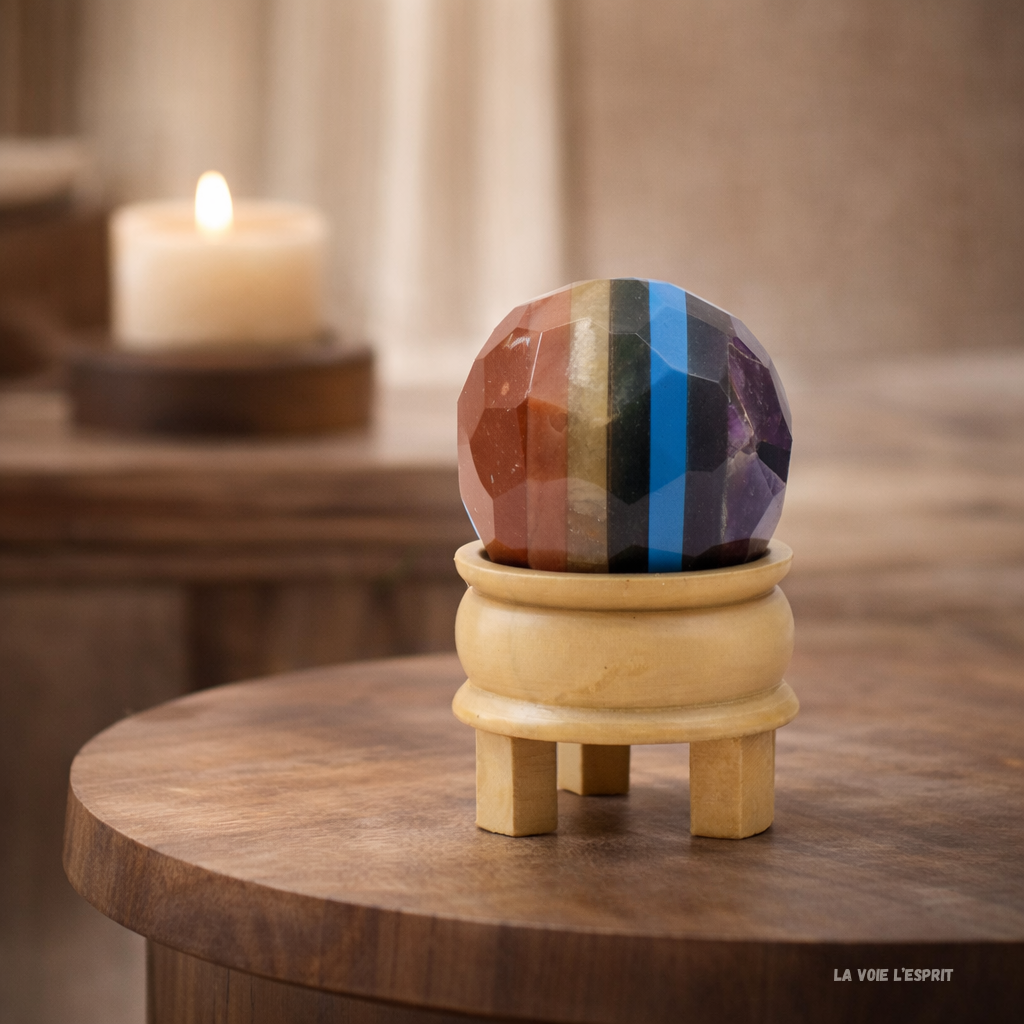 Boule de guérison facettée en pierre précieuse et support - Sept chakras