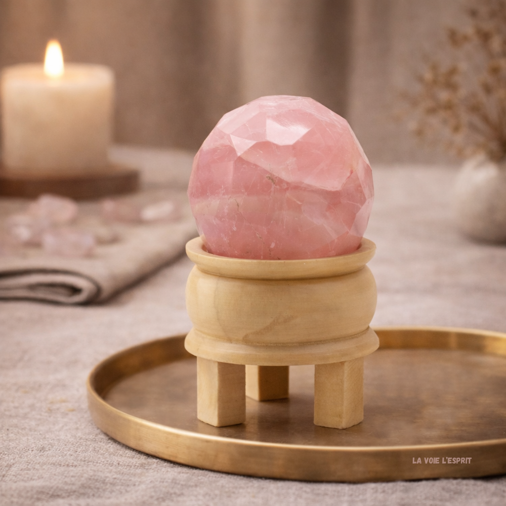 Boule de guérison facettée en pierre précieuse et support - Quartz rose