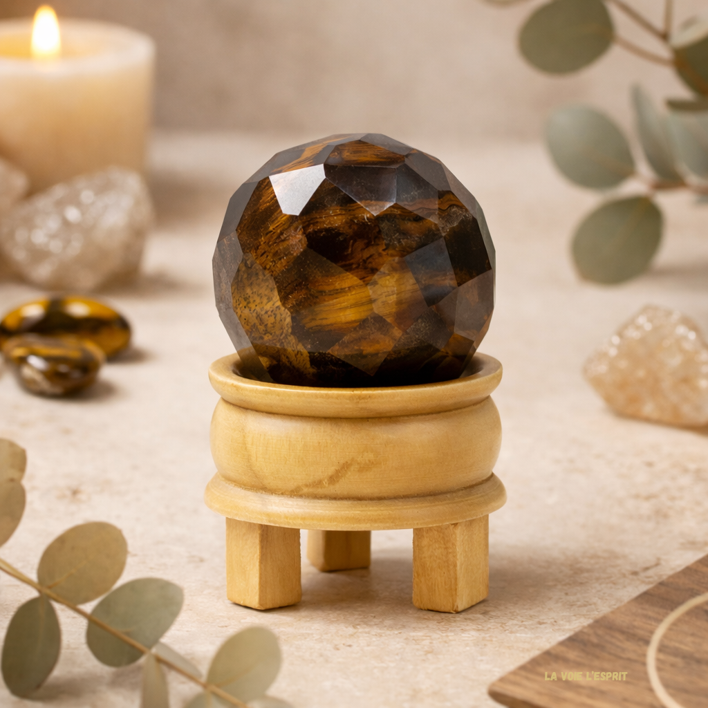 Boule de guérison facettée en pierre précieuse avec support – Œil de tigre