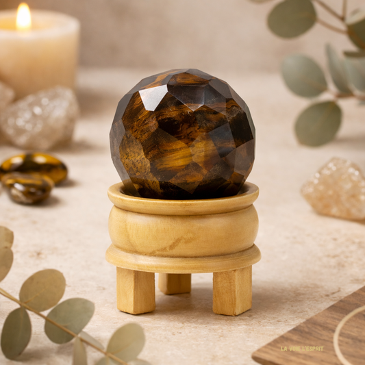Boule de guérison facettée en pierre précieuse avec support – Œil de tigre