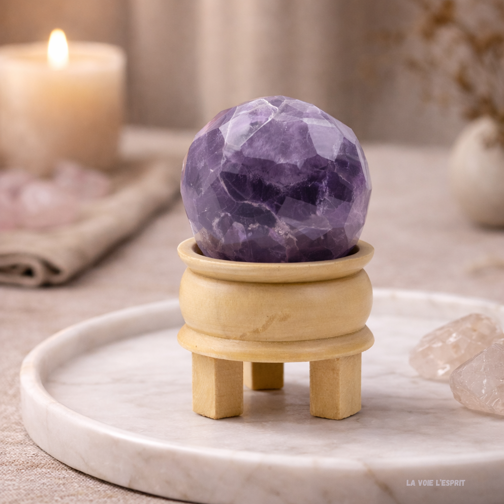 Boule de guérison facettée en pierre précieuse et support - Améthyste
