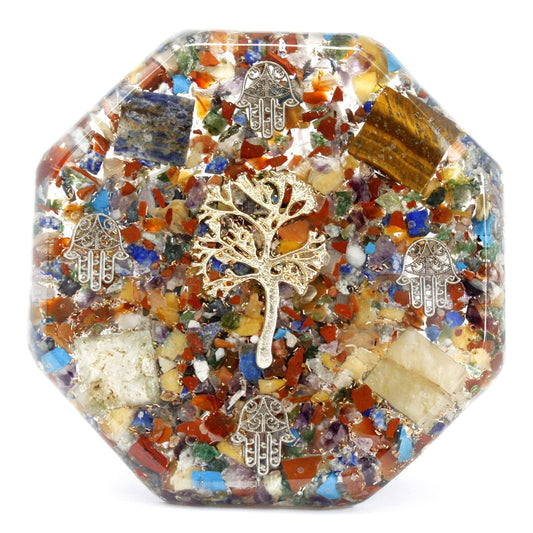 Bloc énergétique en orgonite – Bouddha et symboles chakras
